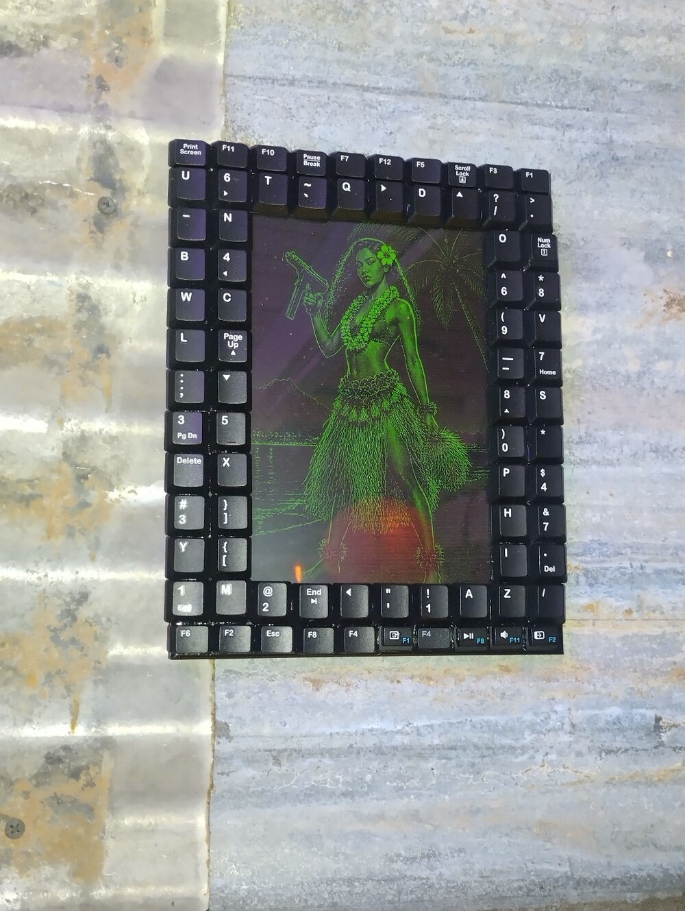 Hula Girl With Tec 9 Retro Computer Style Framed Art Print In Keyboard Frame
